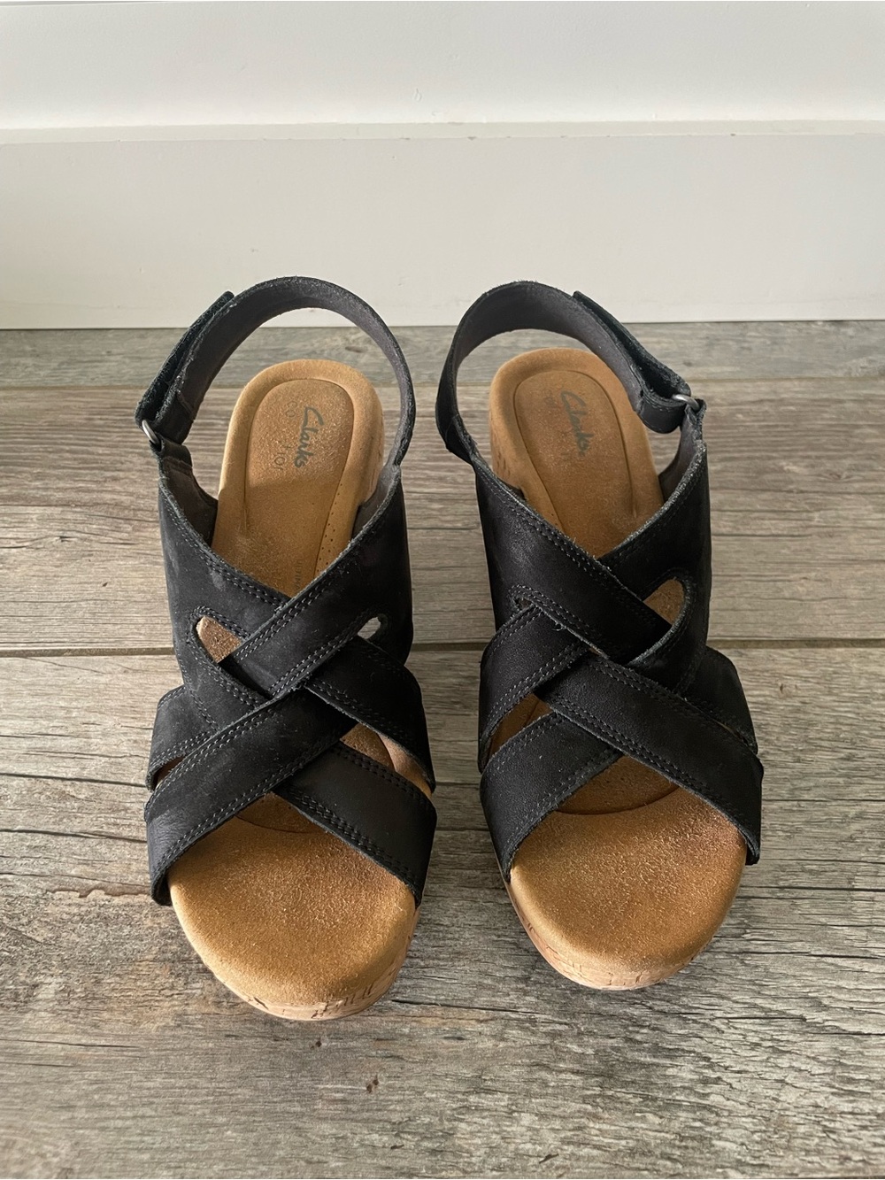 Clarks Black Crisscross Slingback Wedge Sandals